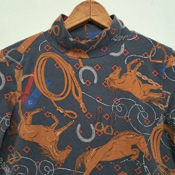 Anthropologie Rodeo XSP Long Sleeve Mock Neck Shirt Horse Equestrian Print Small - Picture 3 of 8